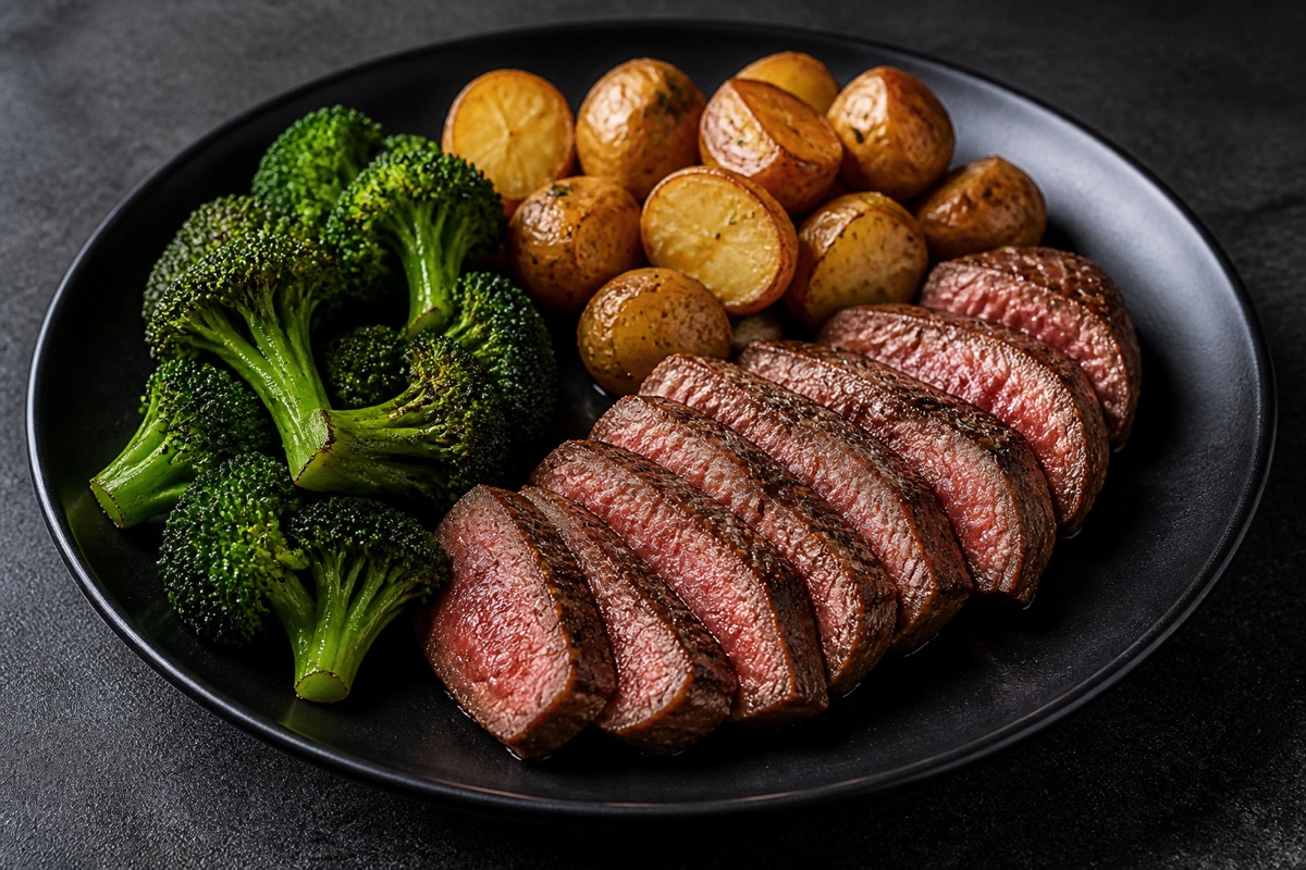 Steak, potatoes and greens